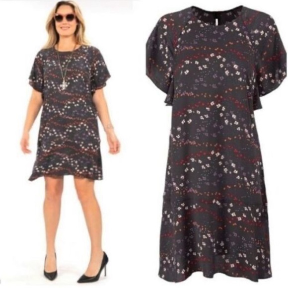 CABI "MUSE" 🩶GRAY🩶 MULTICOLOR FLORAL SHORT FLUTTER DRESS SIZE LARGE 🌟NWOT🌟 - Picture 13 of 15